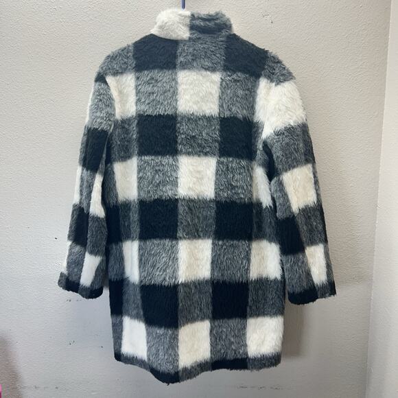 Marine Layer Button Up Wool Blend Peacoat Size Medium Gingham Plaid Coat Sherpa - Picture 3 of 5